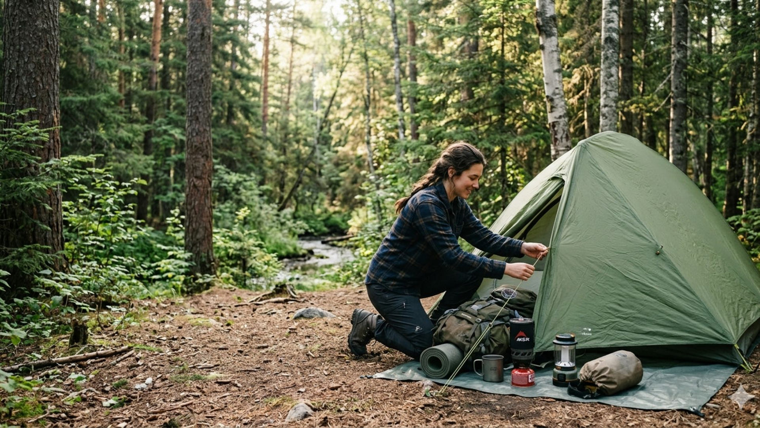 Person setting up a green tent in a forest