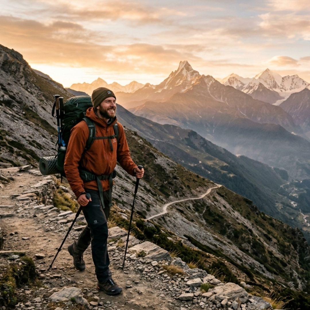 Hiker with a backpack and walking poles standing on a mountain trail with a scenic view of mountains and sunset.
