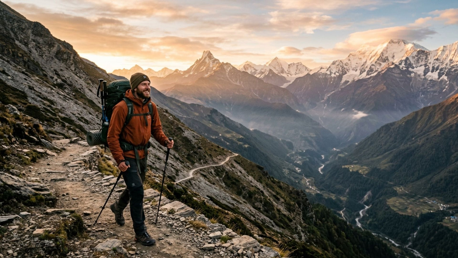 Hiker with a backpack and walking sticks standing on a mountain path with snow-capped mountains in the background.