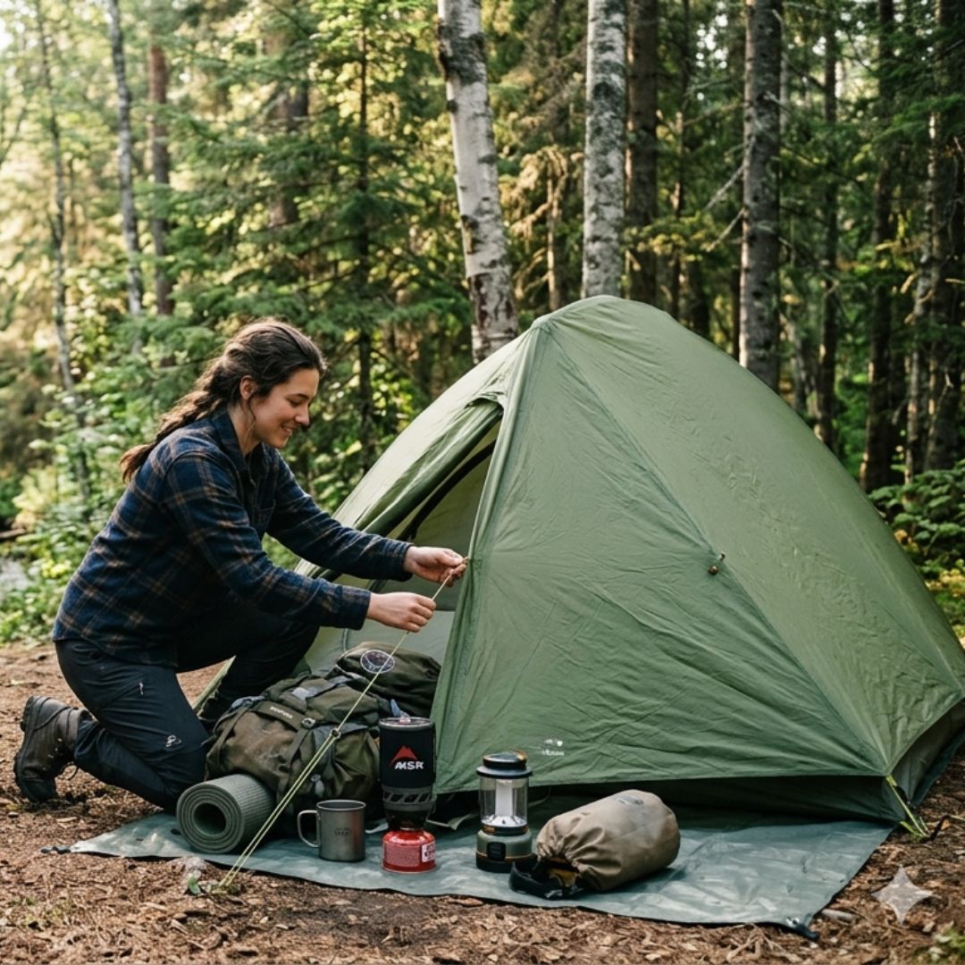 Woman setting up a green tent in a forest