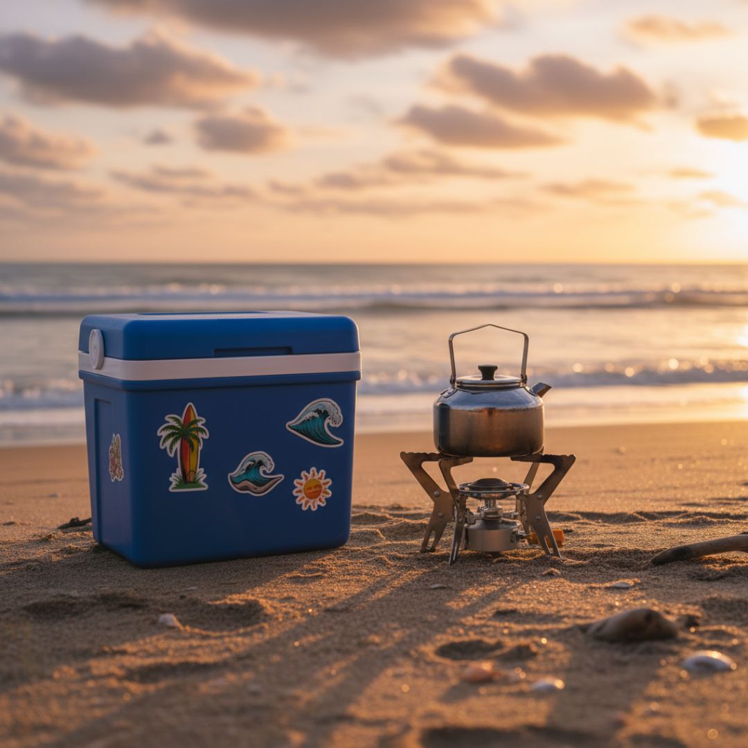 Blue cooler with beach-themed stickers and a kettle on a small stove on a sandy beach at sunset.