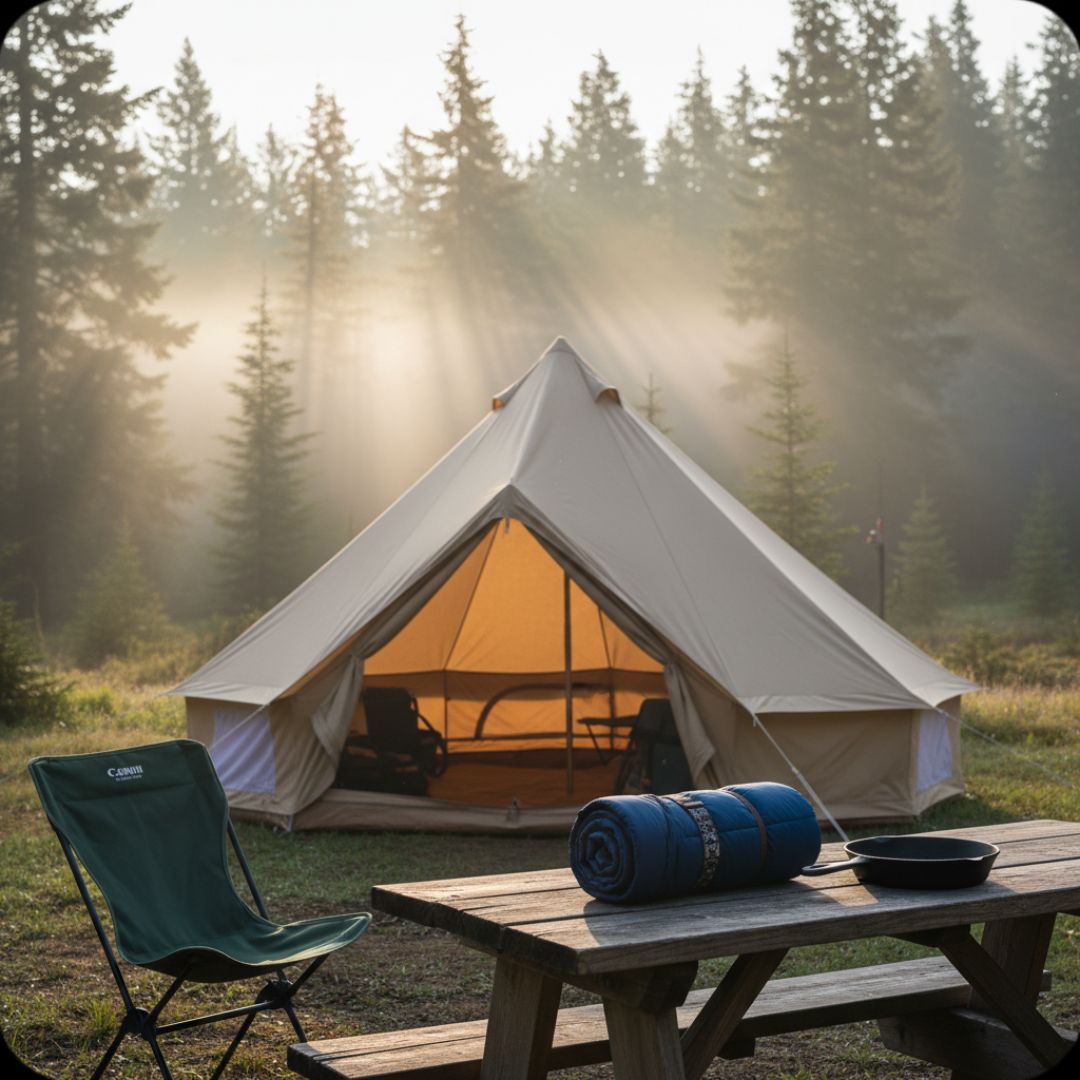 Camping scene with a tent, chair, and picnic table in a forest setting.