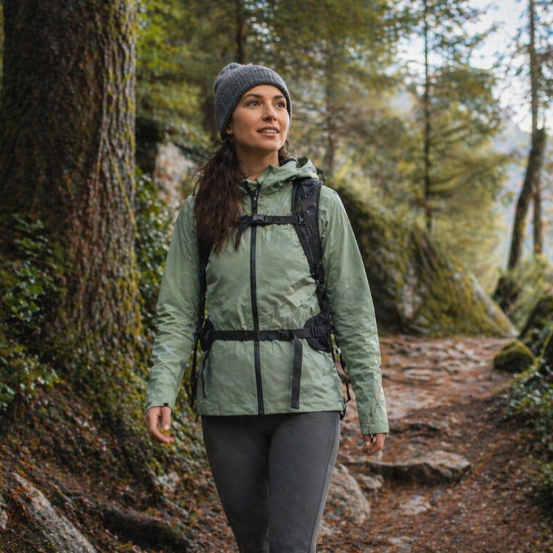 Woman hiking in a forest wearing a green jacket and gray beanie.