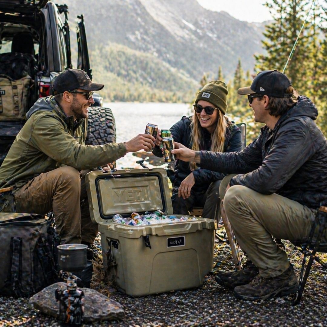 Three people enjoying a picnic by a lake with a cooler open, showing drinks.