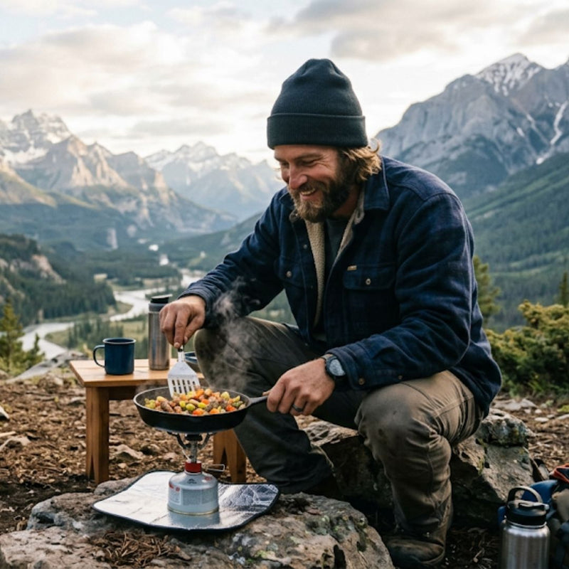 Man cooking outdoors in a mountainous area
