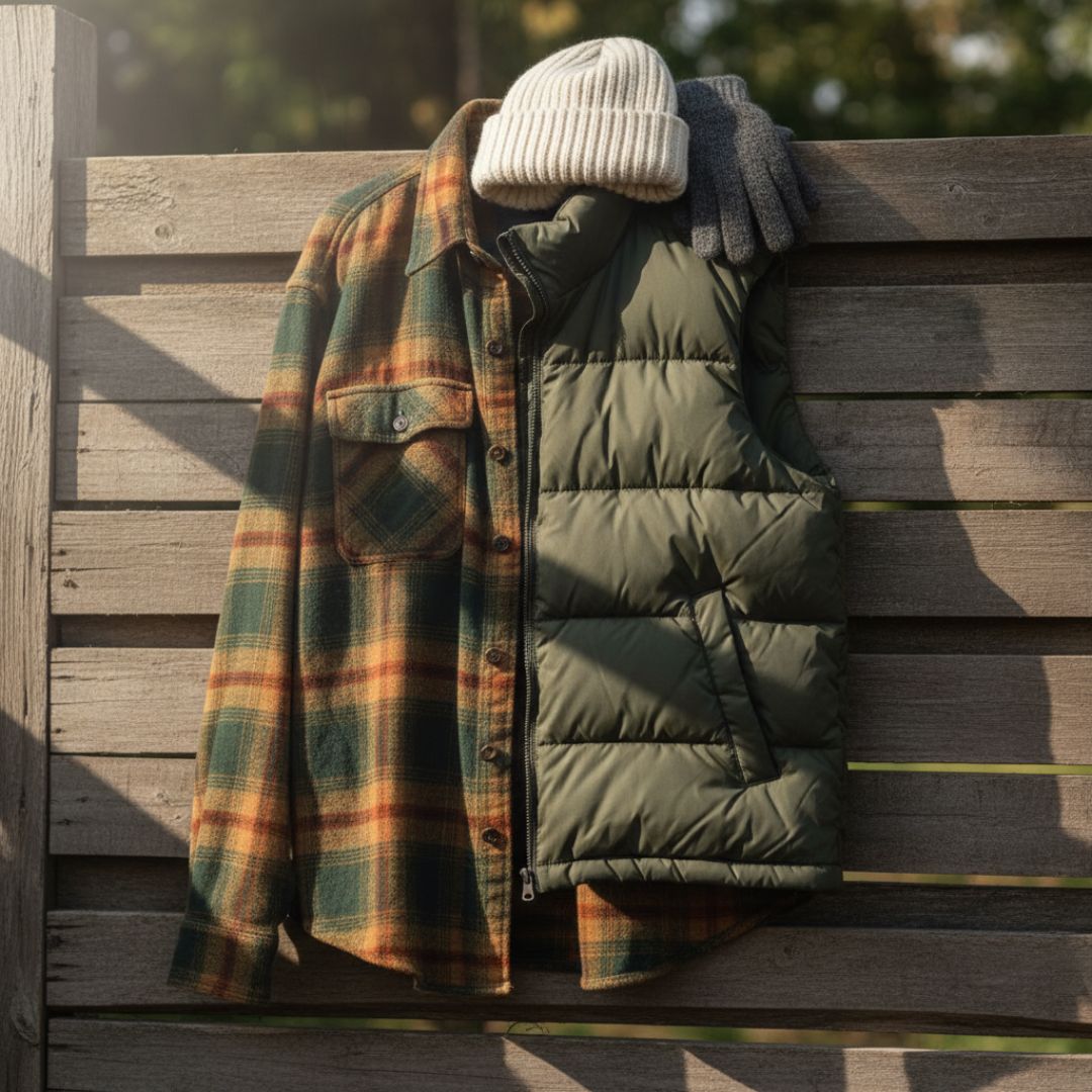 Plaid shirt, green puffer vest, and white beanie on a wooden surface with a blurred natural background