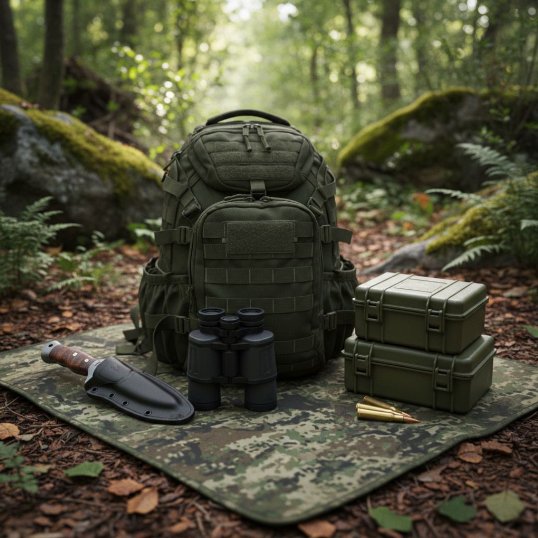Green tactical backpack with supplies on a camouflage blanket in a forest setting